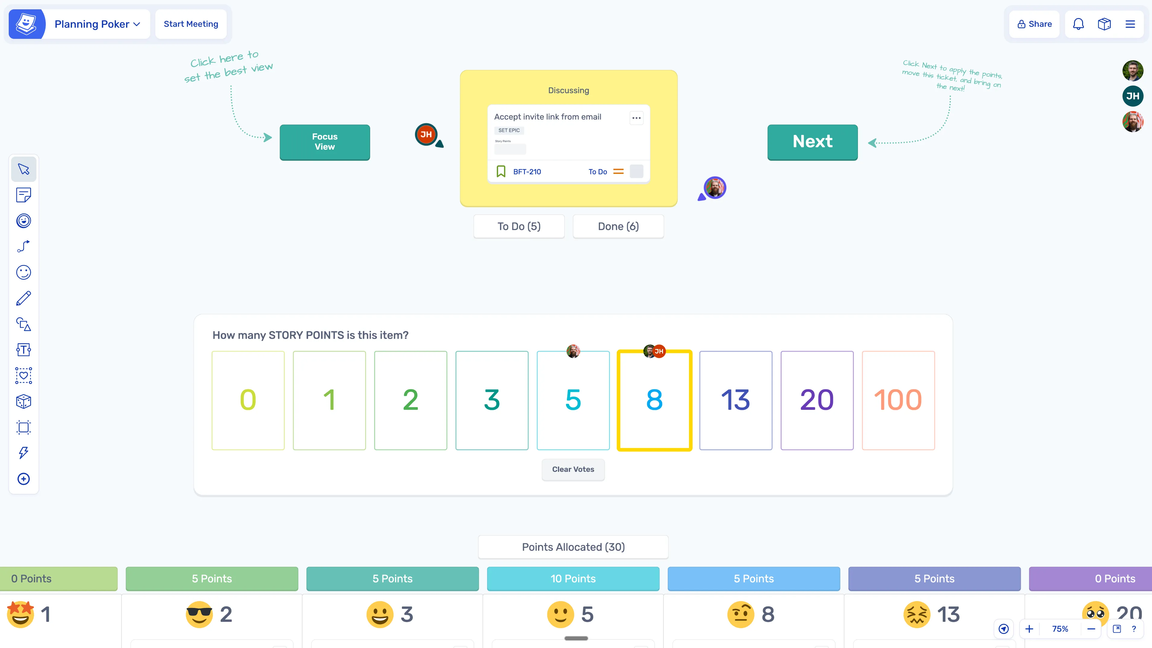 Ludi planning poker board showing the estimation workflow
